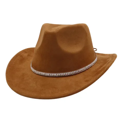 Chapeau de Cowboy Occidental Unisexe Large Bord Faux Daim Chapeau de Soleil de Plage Avec Bande de Chapeau Perle Strass Voyage