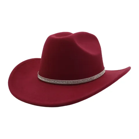 Vintage Wide Brim Fedora Cowboy Hat Unisex Jazz Felt Hat With Rhinestone Chain Belt Elegant Fashion Hat For Adults