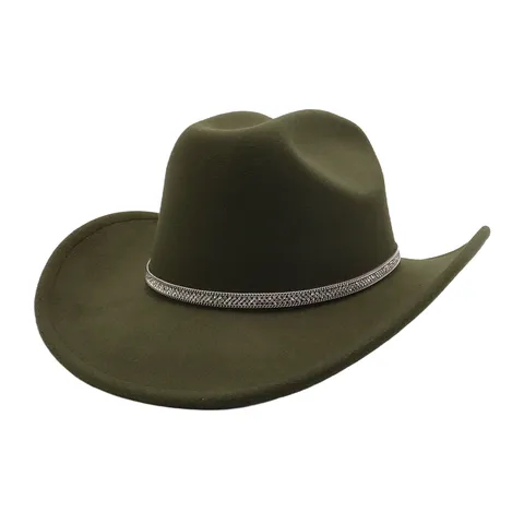 Vintage Wide Brim Fedora Cowboy Hat Unisex Jazz Felt Hat With Rhinestone Chain Belt Elegant Fashion Hat For Adults