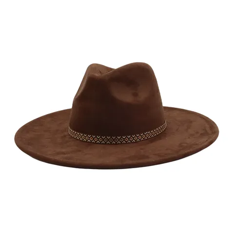 Unisex Vintage Suede Fedora Hat Wide Brim Panama Gentleman Hat With Ethnic Geometric Woven Band Fashion Outdoor Cap