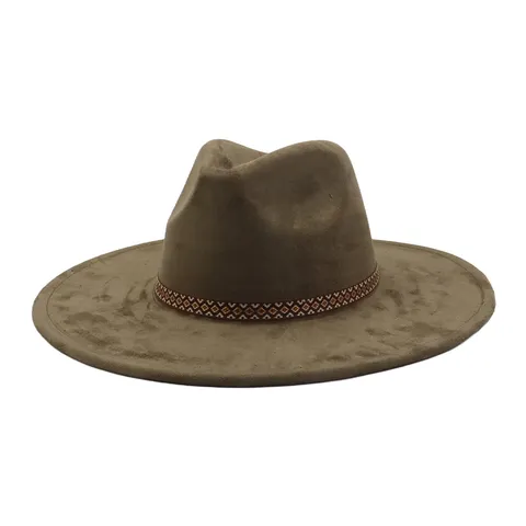 Unisex Vintage Suede Fedora Hat Wide Brim Panama Gentleman Hat With Ethnic Geometric Woven Band Fashion Outdoor Cap