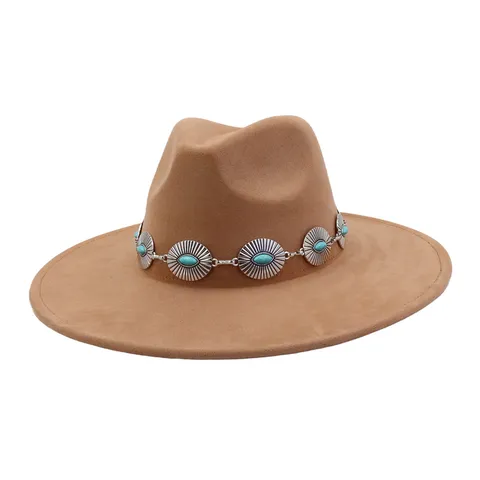 Women Men Vintage Suede Fedora Hat Wide Brim Jazz Cap Ethnic Style Metal Chain Decor Classic Winter Fall Fashion Headwear