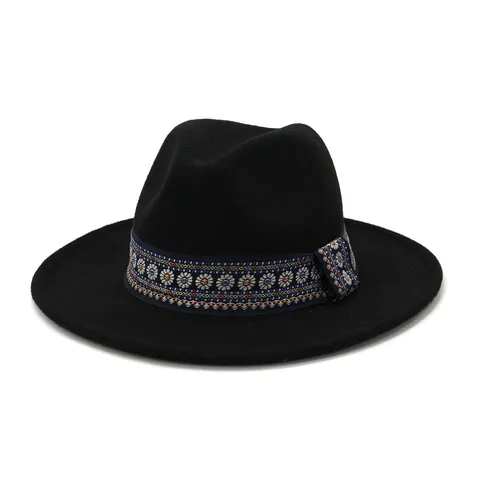 Unisex Winter British Style Woolen Fedora Hat Vintage Wide Brim Jazz Cap With Ethnic Ribbon Fashion Hat For Men Women