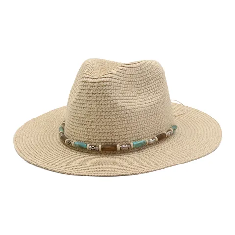 Chapeau de Paille Unisexe Large Bord Chapeau de Soleil Été Plage Casquette Avec Bande de Perles Chapeau de Vacances
