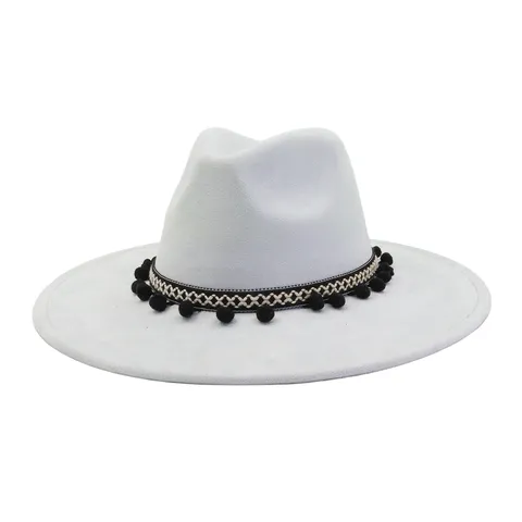 Unisex Retro Suede Fedora Hat Wide Brim Jazz Hat With Ethnic Pom Pom Band Vintage Winter Autumn Casual Bowler Hats