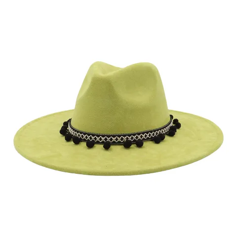 Unisex Retro Suede Fedora Hat Wide Brim Jazz Hat With Ethnic Pom Pom Band Vintage Winter Autumn Casual Bowler Hats