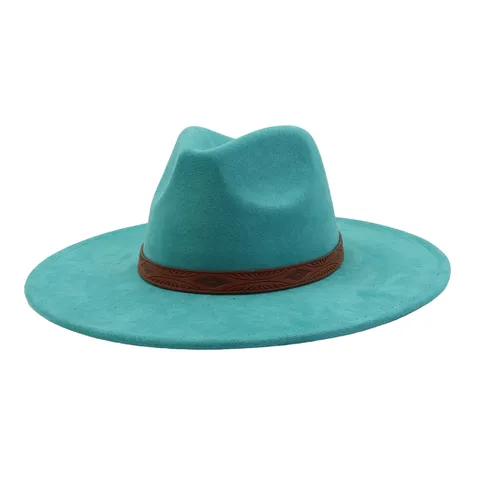 Unisex Autumn Winter Faux Suede Fedora Hat Wide Brim Jazz Cap With Ethnic Embossed Leather Band Retro Fashion Headwear