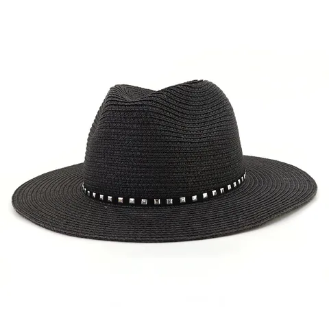 Chapeau Fedora en Paille d'Été pour Femmes Grand Bord Plage Soleil Panama Jazz Casquette Avec Ruban Rivet Métal Ajustable