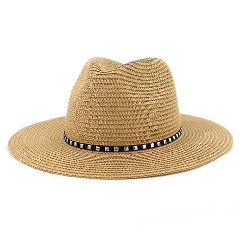 Chapeau Fedora en Paille d'Été pour Femmes Grand Bord Plage Soleil Panama Jazz Casquette Avec Ruban Rivet Métal Ajustable