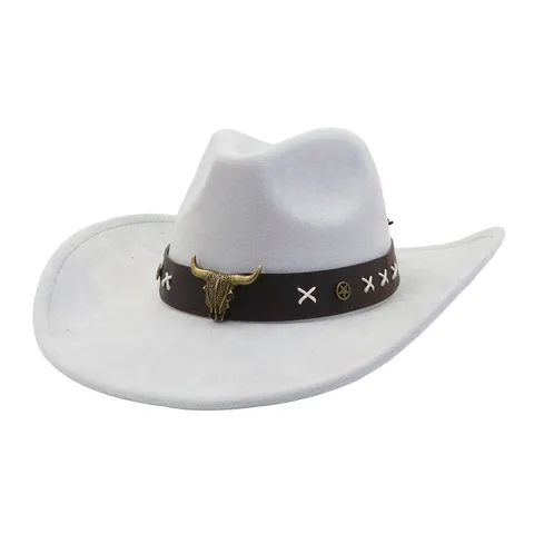 Unisex Western Cowboy Hat Vintage Faux Suede Jazz Fedora Cap With Metal Bull Head And Leather Strap Outdoor Sun Protection
