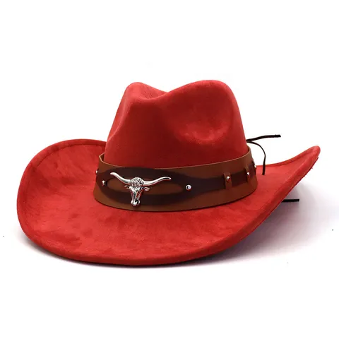Unisex Vintage Suede Western Cowboy Hat Wide Brim Retro Fedora Hat With Metal Bull Head Decor For Outdoor Daily Wear