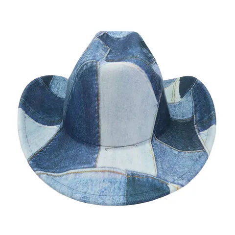 Women Western Cowboy Hat Denim Patchwork Wide Brim Sun Hat Vintage Jazz Fedora Cap Outdoor Beach Sun Protection Headwear