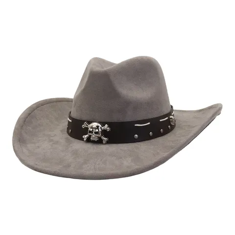 Unisex Vintage Suede Leather Cowboy Hat Retro Western Jazz Fedora Hat With Skull Metal Rivet Outdoor Sun Protection Hat