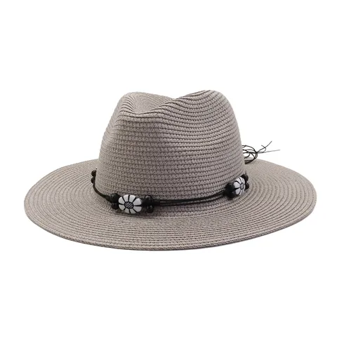 Unisex Summer Straw Hat Wide Brim Sun Beach Panama Hat With Beaded String Casual Outdoor Sun Protection Headwear