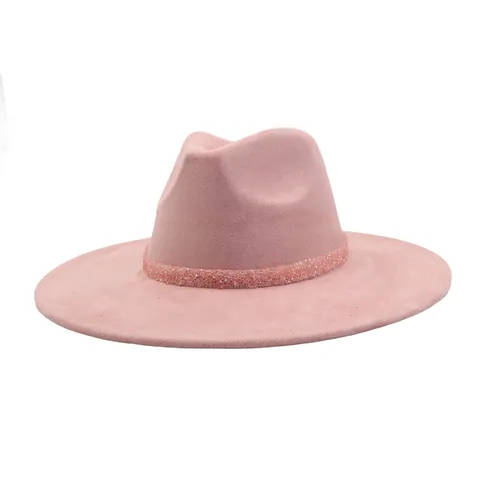 Unisex Wide Brim Fedora Hat Faux Suede Vintage Jazz Hat With Rhinestone Band Classic Winter Warm Sun Hat For Men Women