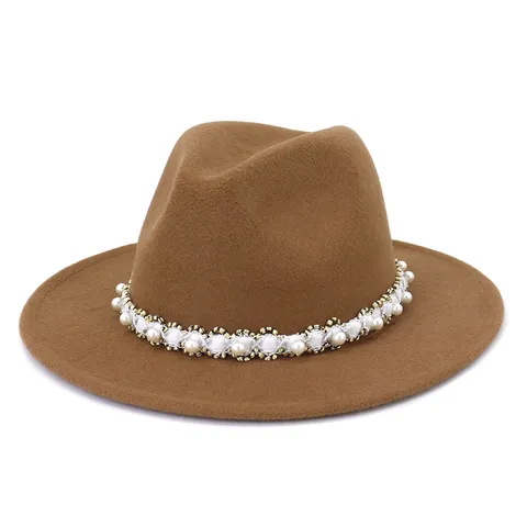 Women's Fedora Hat Elegant Wide Brim Wool Felt Panama Hat With Pearl Beaded Band Vintage Autumn Winter Fashion Cap