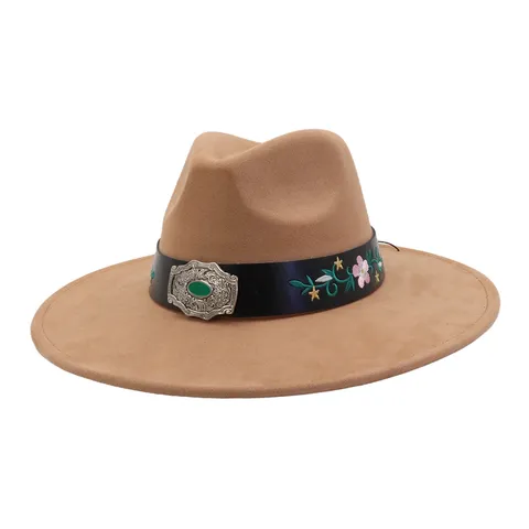 Unisex Vintage Faux Suede Fedora Hat Wide Brim Jazz Hat With Floral Embroidery Belt