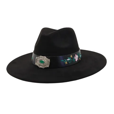 Unisex Vintage Faux Suede Fedora Hat Wide Brim Jazz Hat With Floral Embroidery Belt