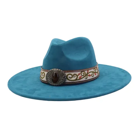 Unisex Vintage Suede Fedora Hat Wide Brim Jazz Hat With Ethnic Embroidery And Gemstone Metal Buckle Autumn Winter Fashion Hat