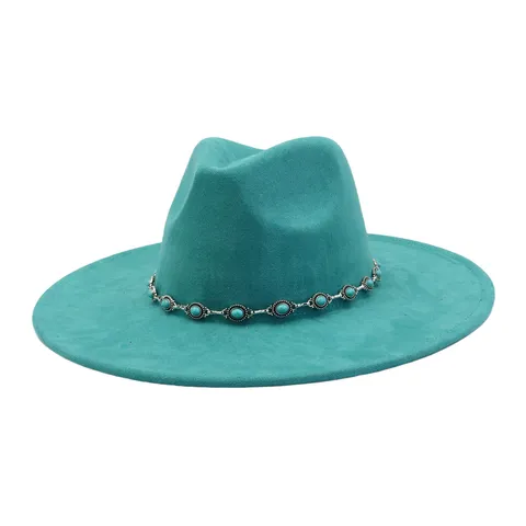 Women Ethnic Suede Fedora Hat Wide Brim Jazz Hat With Turquoise Metal Chain Retro Winter Fall Fashion Sun Hat