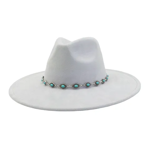 Women Ethnic Suede Fedora Hat Wide Brim Jazz Hat With Turquoise Metal Chain Retro Winter Fall Fashion Sun Hat