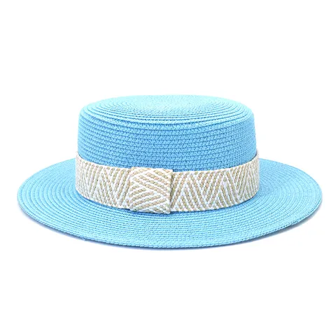 Unisex Summer Straw Hat Flat Top Boater Hat Outdoor Travel Sun Protection Beach Hat Woven Ribbon Fashion Hat