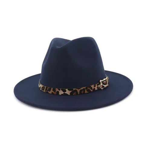 Sombrero Fedora para Mujer de Ala Ancha Plana de Tejido de Lana Fieltro Sombrero Jazz Cinturón Leopardo Accesorios de Moda