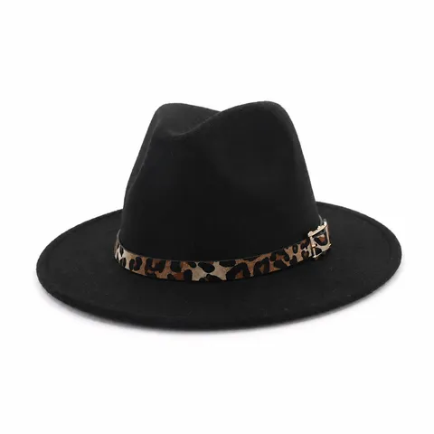 Sombrero Fedora para Mujer de Ala Ancha Plana de Tejido de Lana Fieltro Sombrero Jazz Cinturón Leopardo Accesorios de Moda