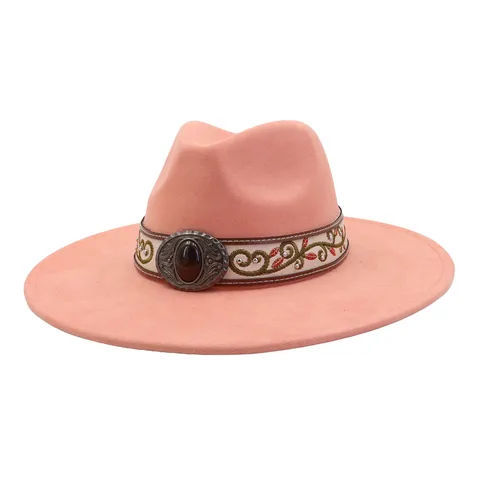 Unisex Vintage Suede Fedora Hat Wide Brim Jazz Hat With Ethnic Embroidery And Gemstone Metal Buckle Autumn Winter Fashion Hat