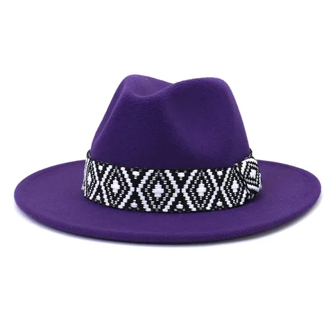 Unisex British Style Woolen Fedora Hat Wide Brim Jazz Hat With Geometric Woven Band Autumn Winter Fashion Cap