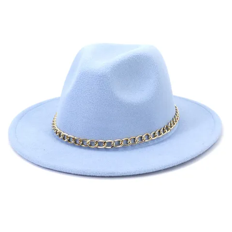 British Style Woolen Fedora Hat For Women Men Autumn Winter Wide Brim Felt Cap With Gold Metal Chain Fashion Jazz Hat