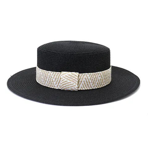 Unisex Summer Straw Hat Flat Top Boater Hat Outdoor Travel Sun Protection Beach Hat Woven Ribbon Fashion Hat