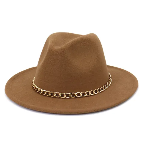 British Style Woolen Fedora Hat For Women Men Autumn Winter Wide Brim Felt Cap With Gold Metal Chain Fashion Jazz Hat