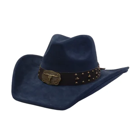 Retro Western Cowboy Hat Wide Brim Suede Fedora Hat With Metal Bull Head Buckle Outdoor Jazz Hat For Adults