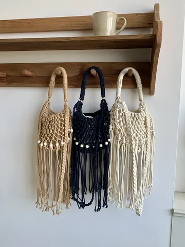 Borsa a Tracolla Tessuta a Mano con Nappe per Donna Moda Vacanza al Mare Borsa a Bandoliera Con Borsa Interna in Tela