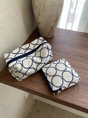 Vintage Embroidered Cotton Cosmetic Bag Mori Kei Geometric Circle Pattern Zipper Coin Purse Small Travel Makeup Storage Pouch For Women