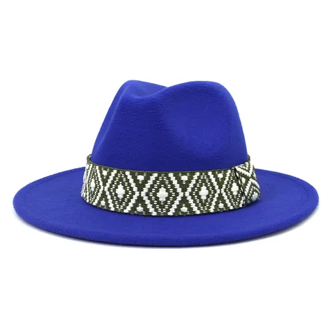 Unisex British Style Woolen Fedora Hat Wide Brim Jazz Hat With Geometric Woven Band Autumn Winter Fashion Cap