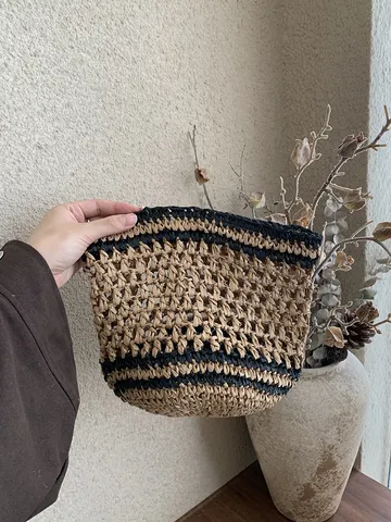 Bolsa de Cosméticos de Paja Tejida a Mano Calado Neceser de Maquillaje Rayado Gran Capacidad Bolsa de Almacenamiento con Cremallera
