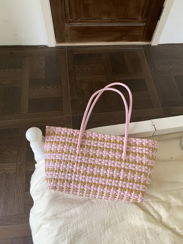 Damen Große Kapazität Gewebte Handtasche Hohl Kunststoff Strandtasche Karierte Einkaufskorb Urlaub Freizeit Tote