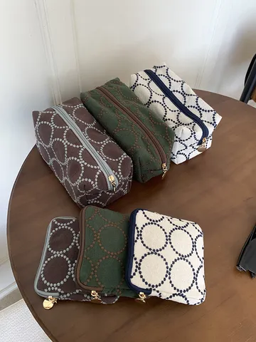 Vintage Embroidered Cotton Cosmetic Bag Mori Kei Geometric Circle Pattern Zipper Coin Purse Small Travel Makeup Storage Pouch For Women