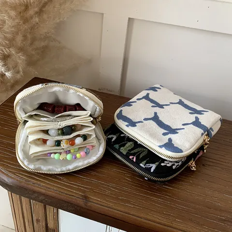 Vintage Borduurwerk Linnen Sieraden Organizer Zakje Draagbaar Ritsvak Voor Ringen Kettingen Hangers Reis Sieraden Opbergtas