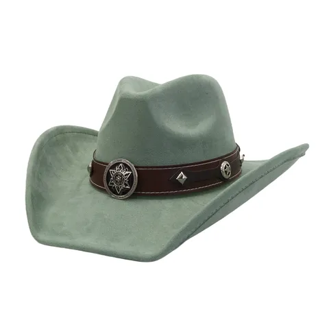 Unisex Wildleder Cowboy Hut Breite Krempe Fedora Jazz Hut Retro Ethischer Stil Western Hut Mit Ledergürtel Metall Stern Abzeichen Für Erwachsene