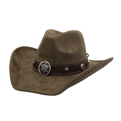 Unisex Wildleder Cowboy Hut Breite Krempe Fedora Jazz Hut Retro Ethischer Stil Western Hut Mit Ledergürtel Metall Stern Abzeichen Für Erwachsene