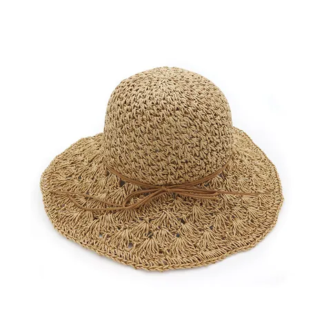 Women Summer Straw Hat Handcrafted Crochet Hollow Out Sun Hat Foldable Wide Brim Beach Hat Casual Vacation Headwear