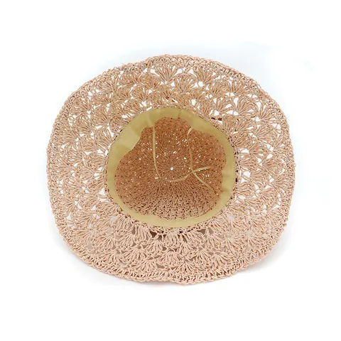 Women Summer Straw Hat Handcrafted Crochet Hollow Out Sun Hat Foldable Wide Brim Beach Hat Casual Vacation Headwear
