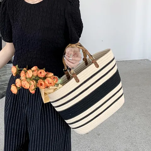 Large Capacity Cotton Rope Woven Handbag With Bamboo Handle Summer Beach Straw Stripe Tote Bag Casual Vegetable Basket Handbag