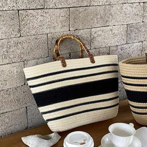 Large Capacity Cotton Rope Woven Handbag With Bamboo Handle Summer Beach Straw Stripe Tote Bag Casual Vegetable Basket Handbag