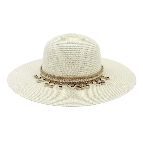 Chapeau de Paille à Large Bord pour Femmes Été Plage Protection Solaire Chapeau de Soleil Avec Glands de Coquillage Accessoires de Vacances Boho