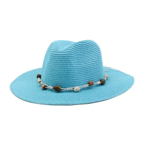 Western Style Unisex Summer Sun Protection Straw Hat Flat Brim Fedora Beach Vacation Beaded Woven Hat