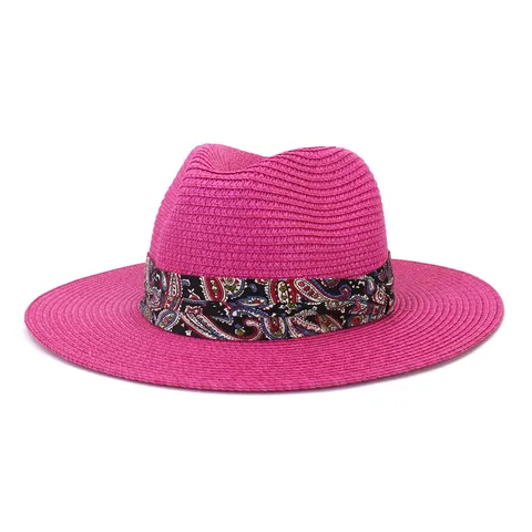 Unisex Outdoor Travel Straw Hat Fedora Sun Protection Beach Woven Hat With Paisley Ribbon Summer Fashion Headwear